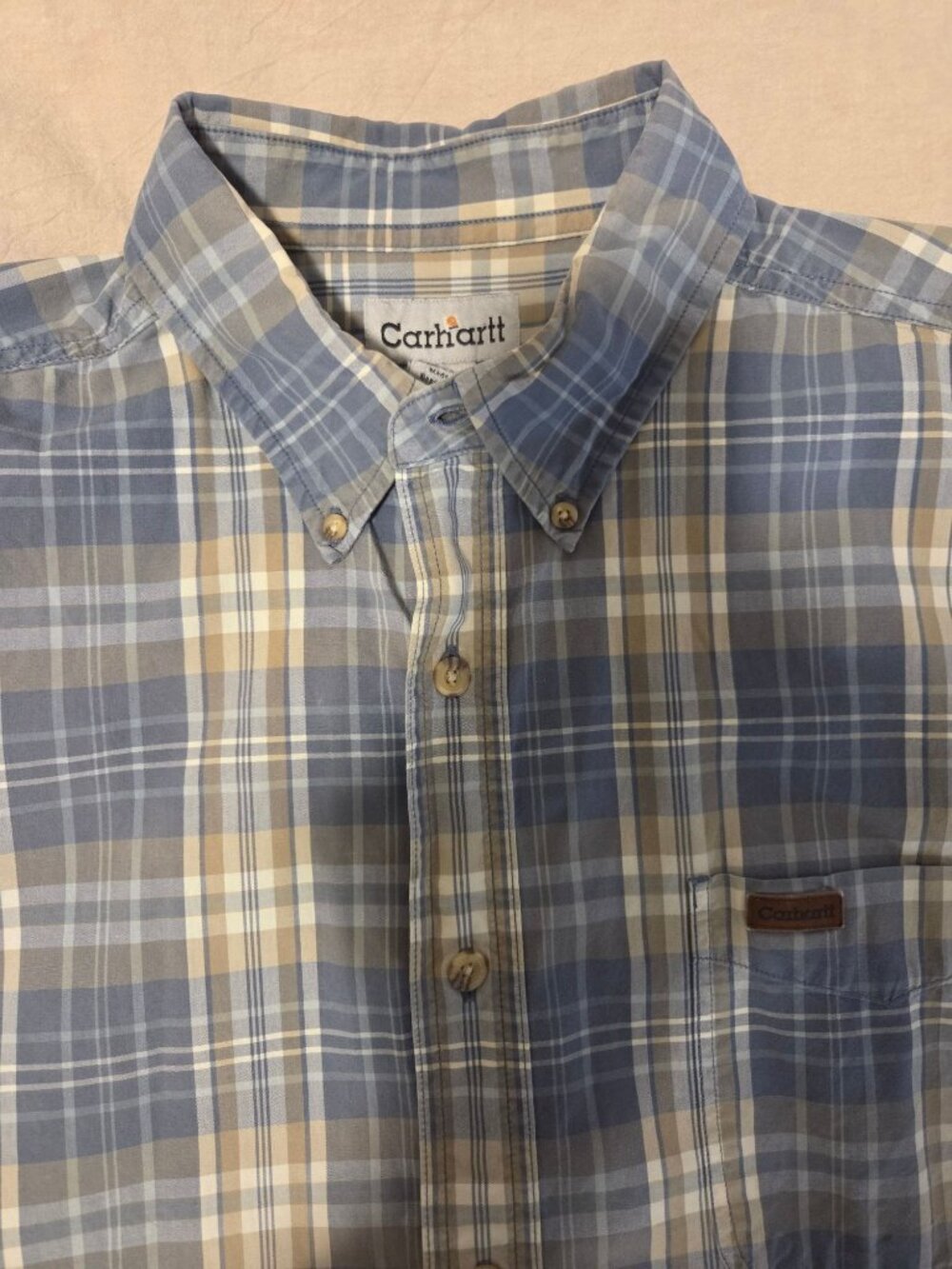 Carhartt Mens Plaid SS Plaid Shirt Button-Up Cotton Blue/Beige Grandpacore cabin - Picture 5 of 7